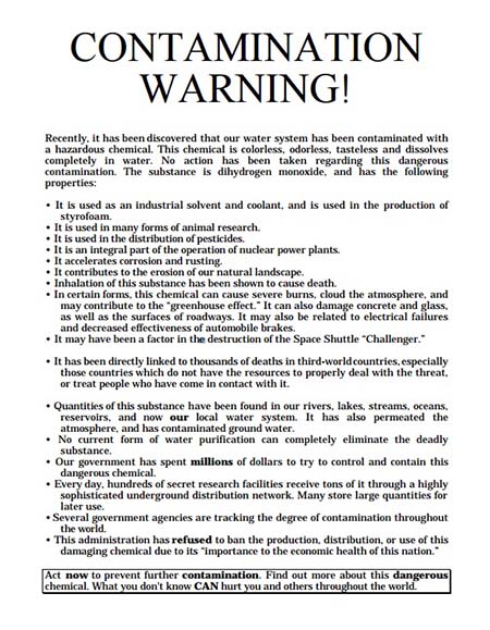 Example flyer warning for dihydrogen monoxide